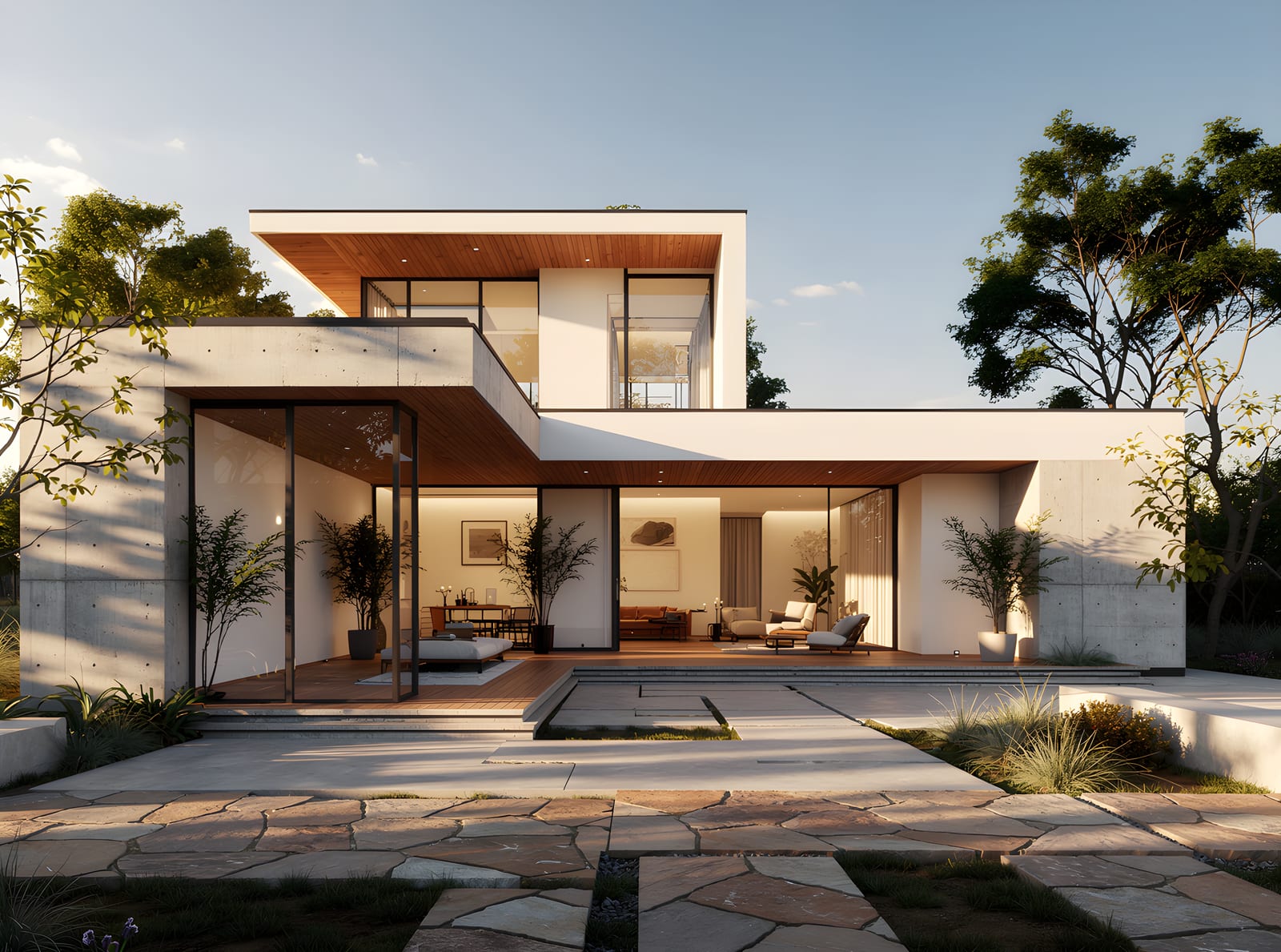 Photorealistic AI render of the same house, preserving its massing, glazing, and courtyard