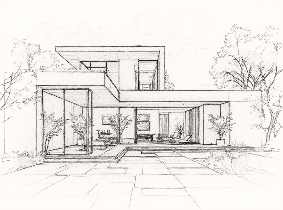 Hand sketch of a modern two-story house with a cantilevered upper floor, full-height glazing, and a courtyard